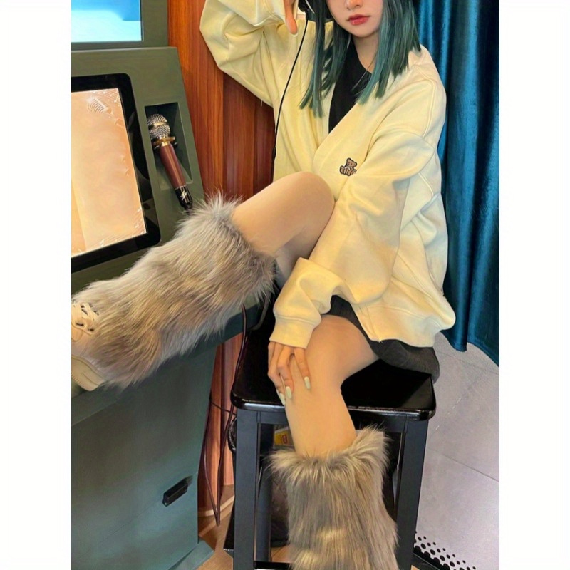 

Women's Fur Leg Warmers - Y2k Goth Knee-high Fluffy Boot Covers, Polyester Knit Fabric, Solid Color, Hand Washable - 1 Pair