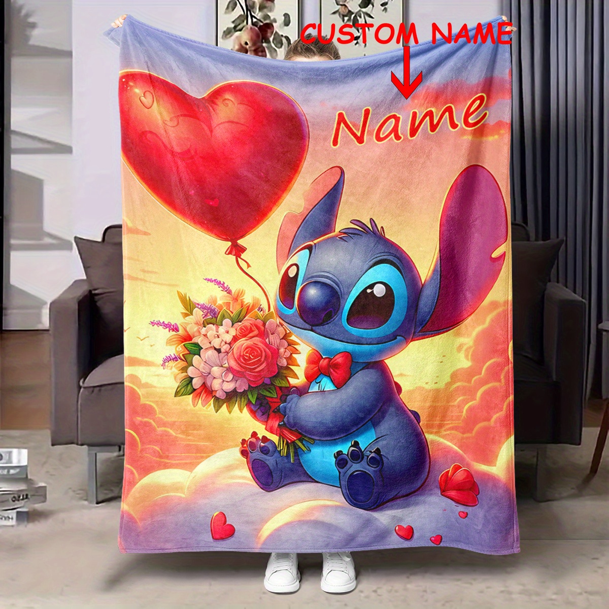 

Customizable Stitch Blanket, Floral Balloon , Soft Fleece Throw, Contemporary Style, Polyester Knit, , Ideal For Home, Kitchen, Bed, Nap, Birthday & Holiday Gift, 200-250g Square