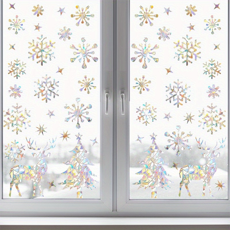 

Festive Christmas Window Clings: 50 Pcs Prismatic Vinyl Stickers With Snowflakes, Trees, And Reindeer To Decorate Your Windows Safely - Non Adhesive, Bird-friendly