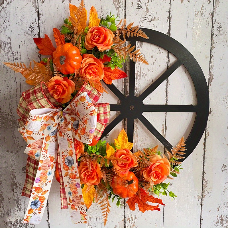 TEMU 1pc Thanksgiving Festival Pumpkin Wreath - Wheel Door Wall Hanging Decor - Artificial Flower, Simulation Flower Bowknot, Simulated Green Plant,