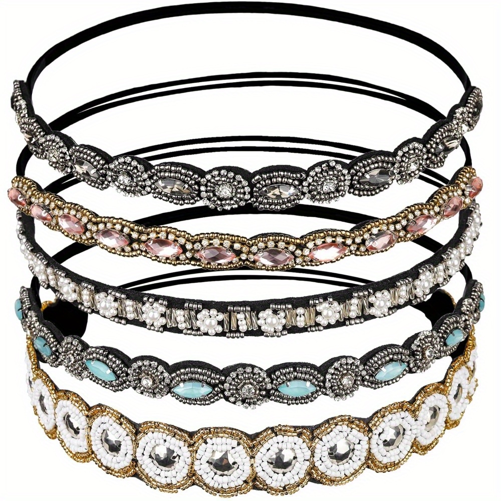 TEMU 5pcs Elegant Beaded Headbands For Women, Fashion Handcrafted Crystal Hair Bands, Pu Leather Hair Jewelry Accessories For Normal Hair Type, Hair Accessories