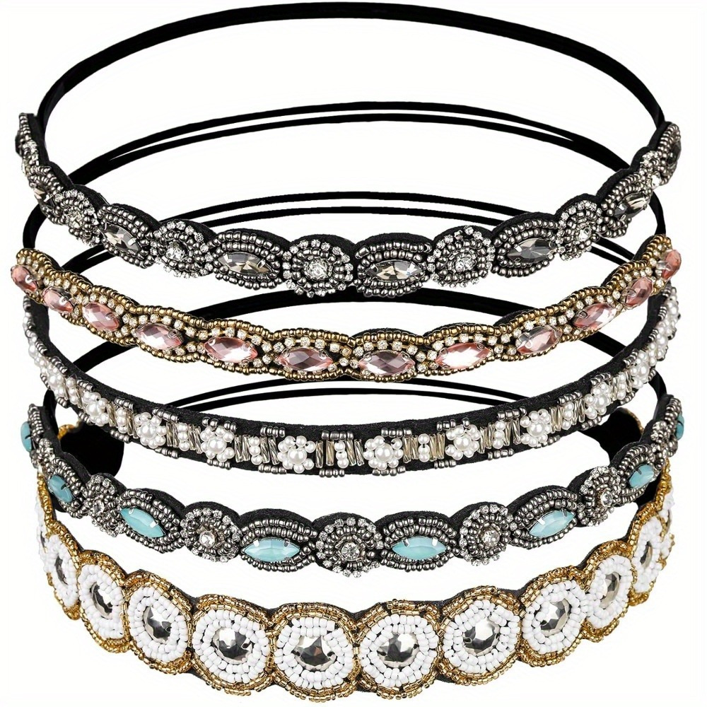 

5 Pieces Women's Rhinestone Beads Headbands, Women's Hair Headbands Fashion Handmade Crystal Beads Elastic Hair Bands Ladies Women's Hair Jewellery Accessories