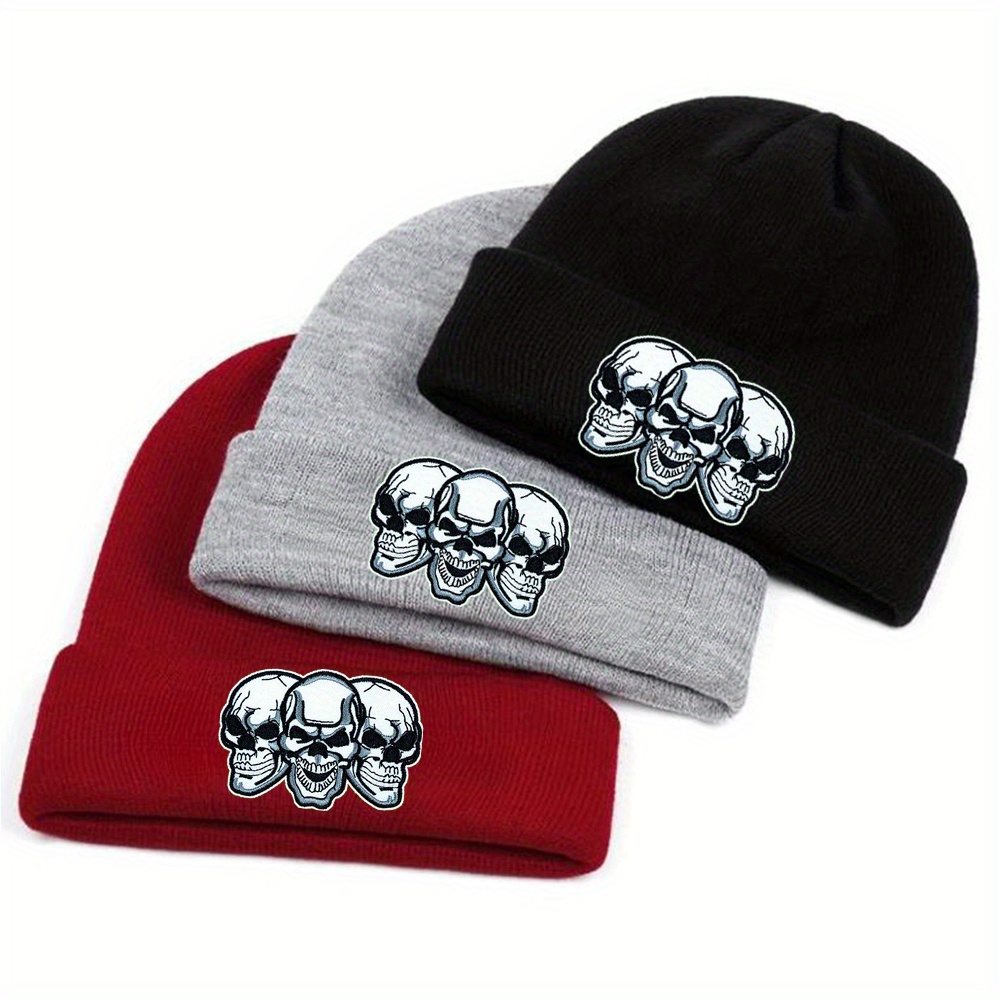 acrylic knit beanie hat punk skull embroidery - Temu display picture 1