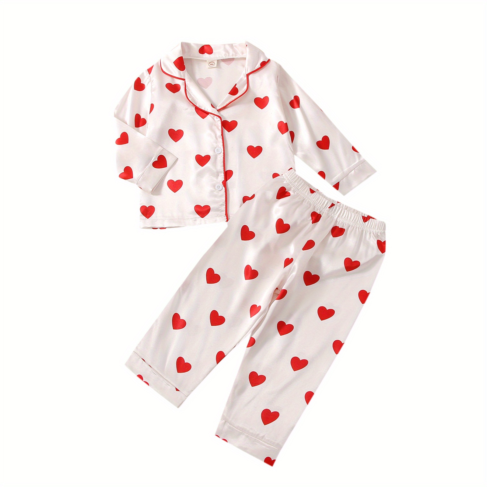 

Kid Girl Pajamas, Long Sleeve Lapel Neck Buttons Heart Print Tops Sleeping Pants