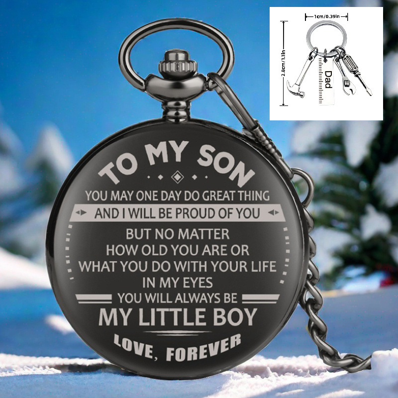 TEMU Antique Smooth Black To My Son Personalized Quartz Analog Pocket Watches With Dad Tool Keychain Encourage Message Best Gifts For Birthday/