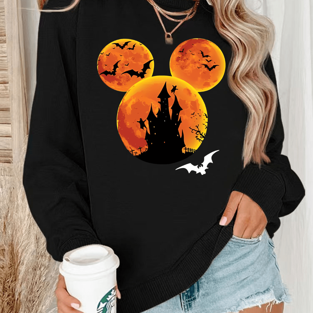 

Plus Size Pumpkin Print Sweatshirt - 100% Polyester Knit Fabric, Casual Crew Neck Pullover With Slight Stretch For Women, Fall/