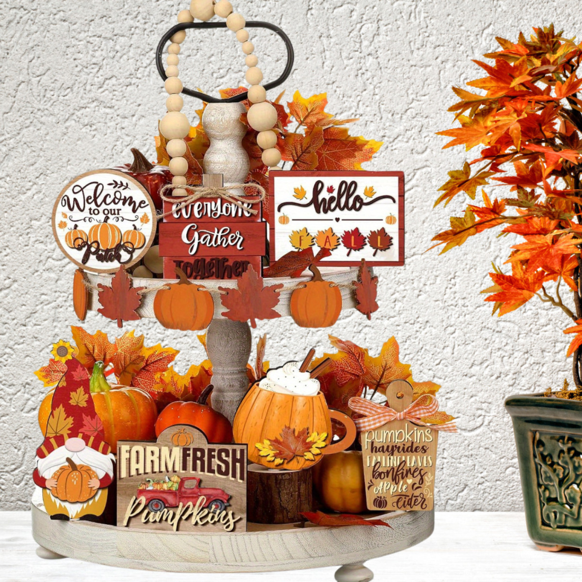 

15 Piece Thanksgiving Tiered Tray Decoration, Fall Maple Leaf Thanksgiving Harvest Festival Table Bedroom Living Room Ornament, Farmhouse Pumpkin Maple Leaf Wooden Decoration, Tray Not Included