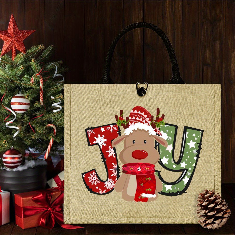 

Christmas Reindeer Jute Tote Bag - Lightweight, Fashion Buckle Closure Handbag With Fixed Shoulder Strap For Daily Commute, Durable Fabric, Easy Clean