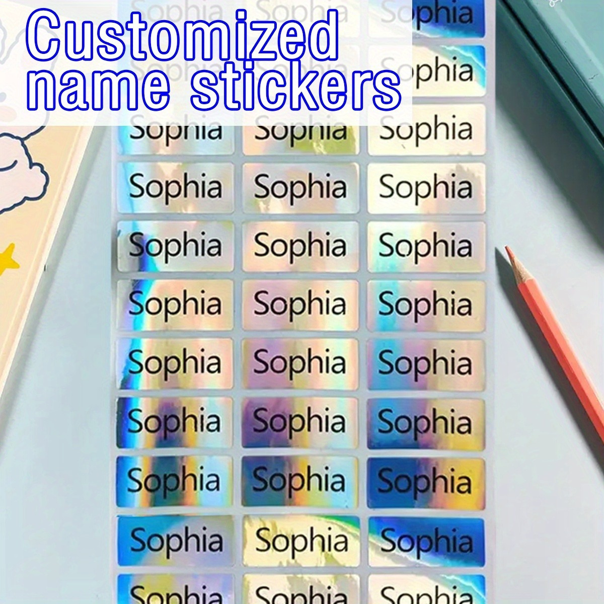 

Custom Name Holographic Label Tags - 66/90/126/168pcs Personalized Adhesive Name Labels For School Supplies, Office Essentials, Water Bottle, Lunchbox Identification