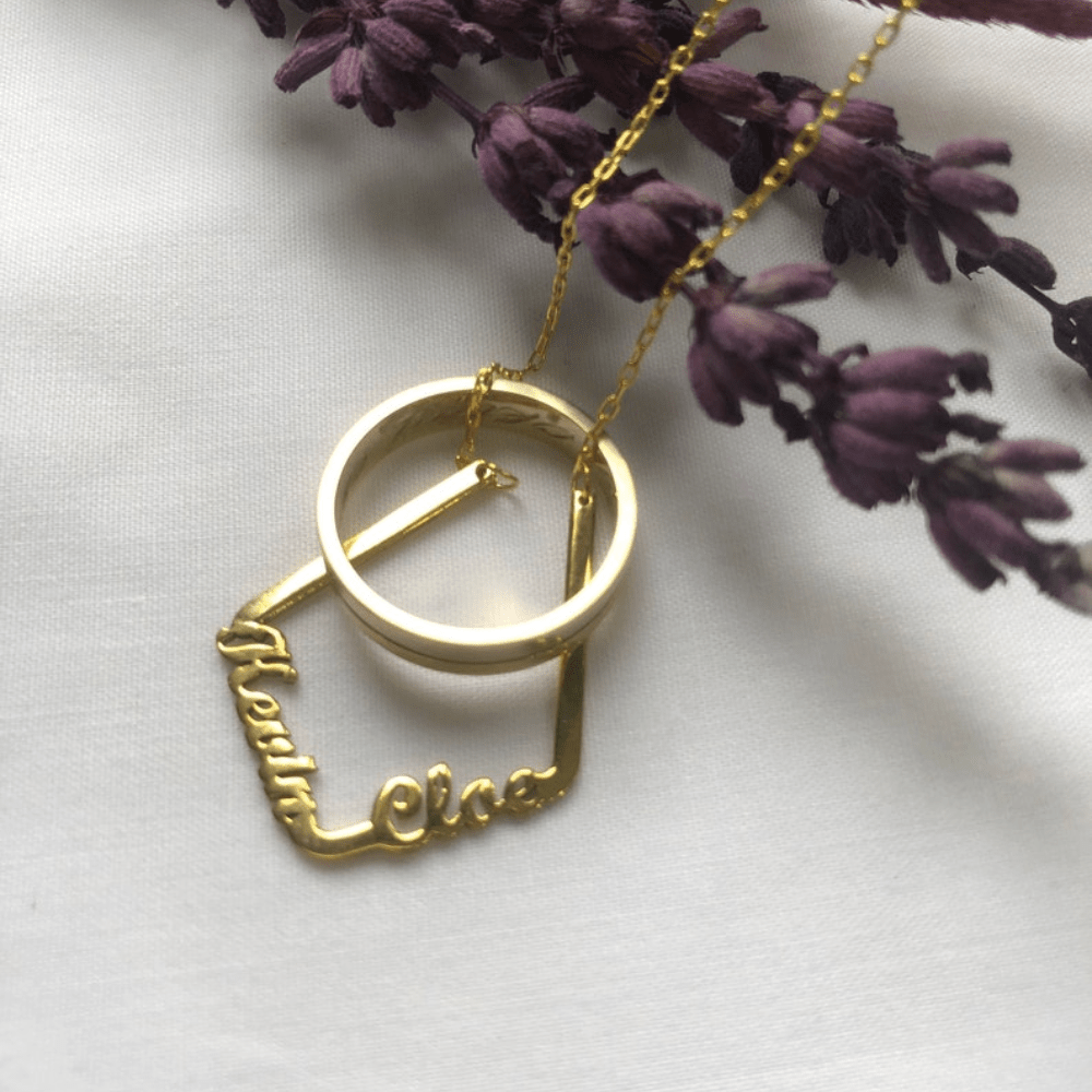 2-in-1 custom name ring holder necklace bohemian golden-tone