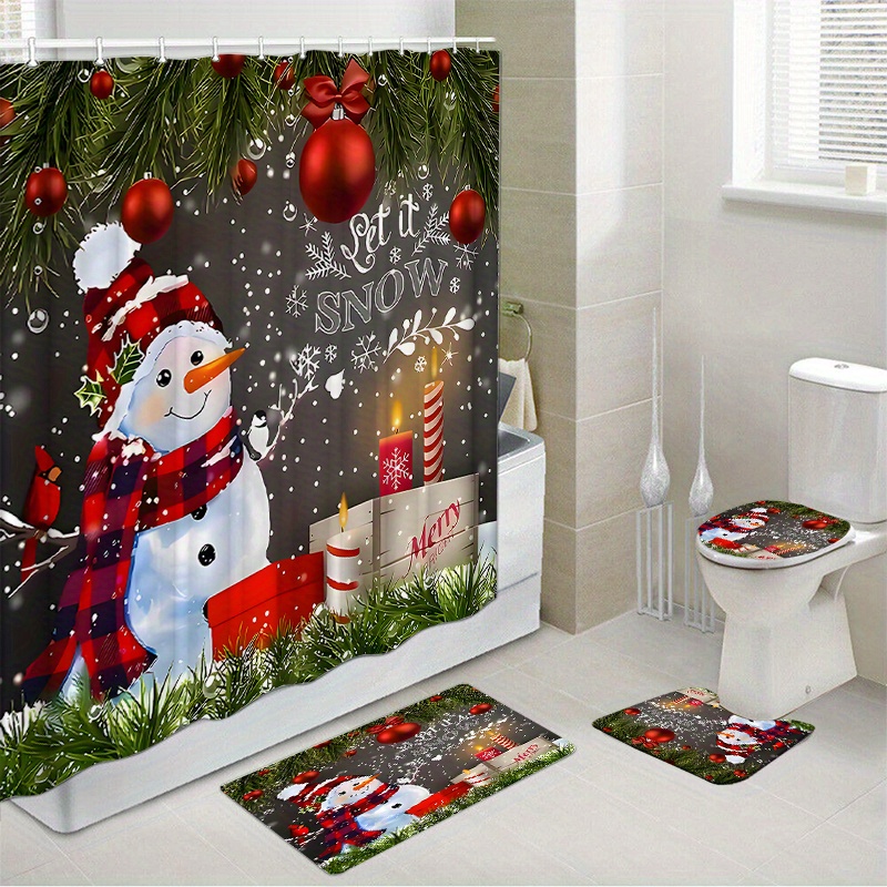 

Christmas Snowman Shower Curtain Set With Non-slip Bath Mats, Toilet Cover, And 12 Hooks - Woven Polyester Fabric Bathroom Decor With Water-resistant Feature, Fashion Pattern Design, Dry Clean Only