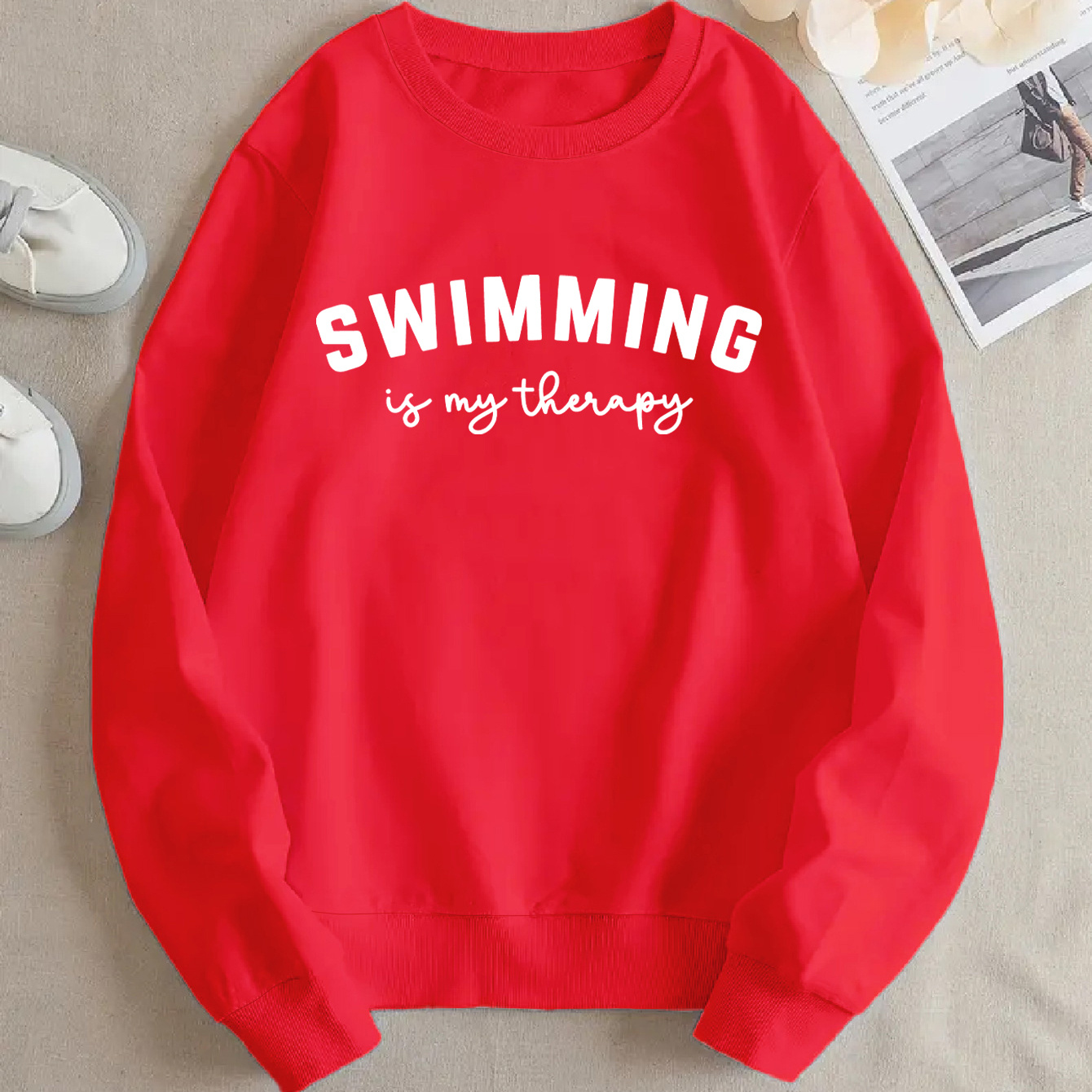 

Women's Casual Crew Neck Long Sleeve Sweatshirt With "swimming Is My ___" Print, 100% Polyester Knit Fabric, Fall/spring Fashion Pullover