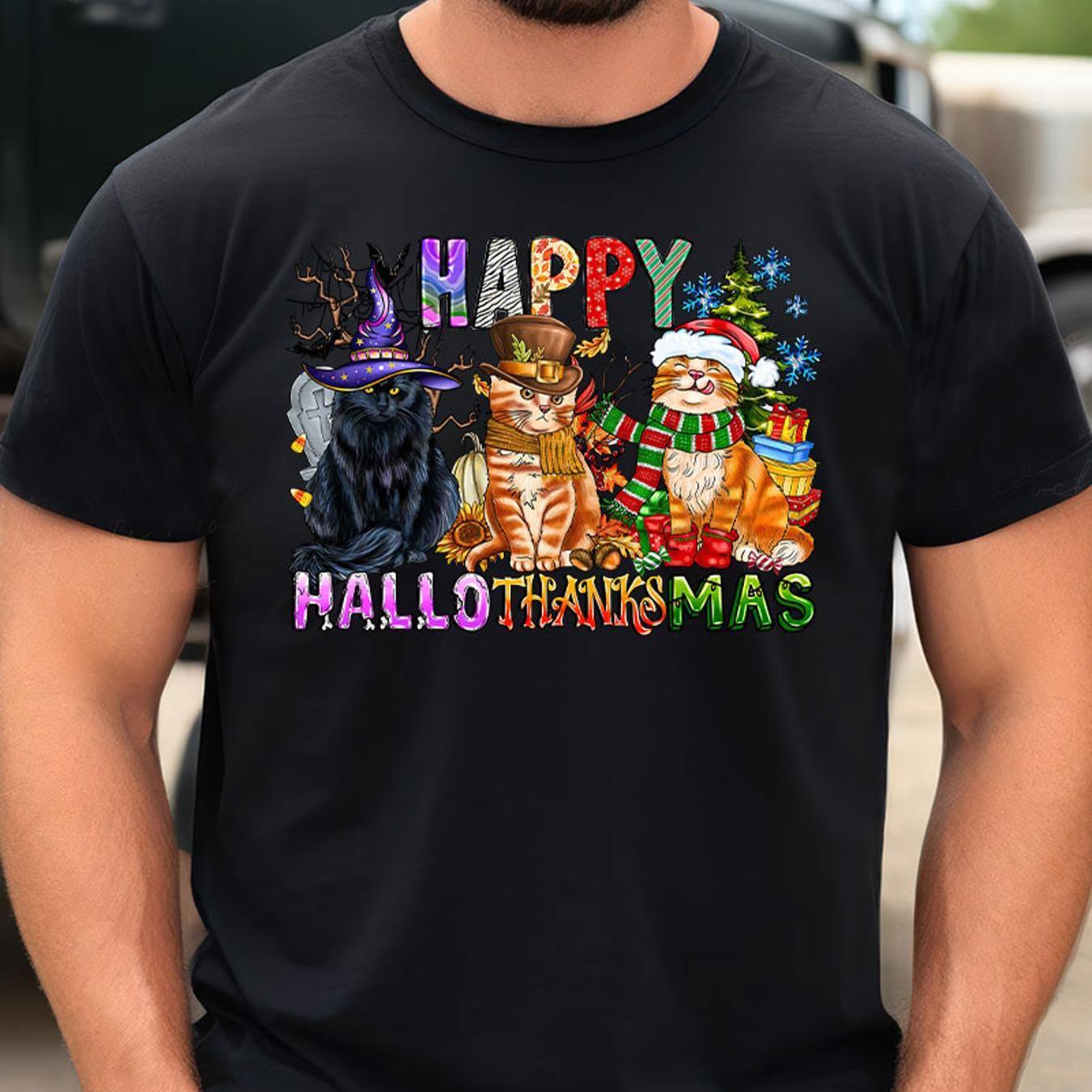 

Happy Cats Cotton Printed Tee For Men, Christmas Thanksgiving Theme T-shirt