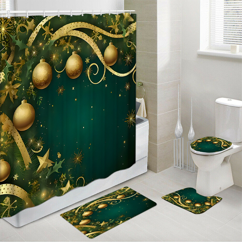 

Water-resistant Woven Shower Curtain Set With 12 Hooks, Non-slip Bath Mats And Toilet Cover - Polyester Christmas Themed Bathroom Decor With , Only