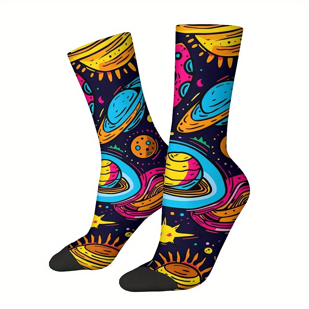 

Cosmic Planets And Stars Unisex Crew Hosiery, Vibrant Space-themed Knit Polyester Footwear With Spandex, Hand Wash Only, Fun Novelty Print, Gift For Boys And Girls - 1 Pair