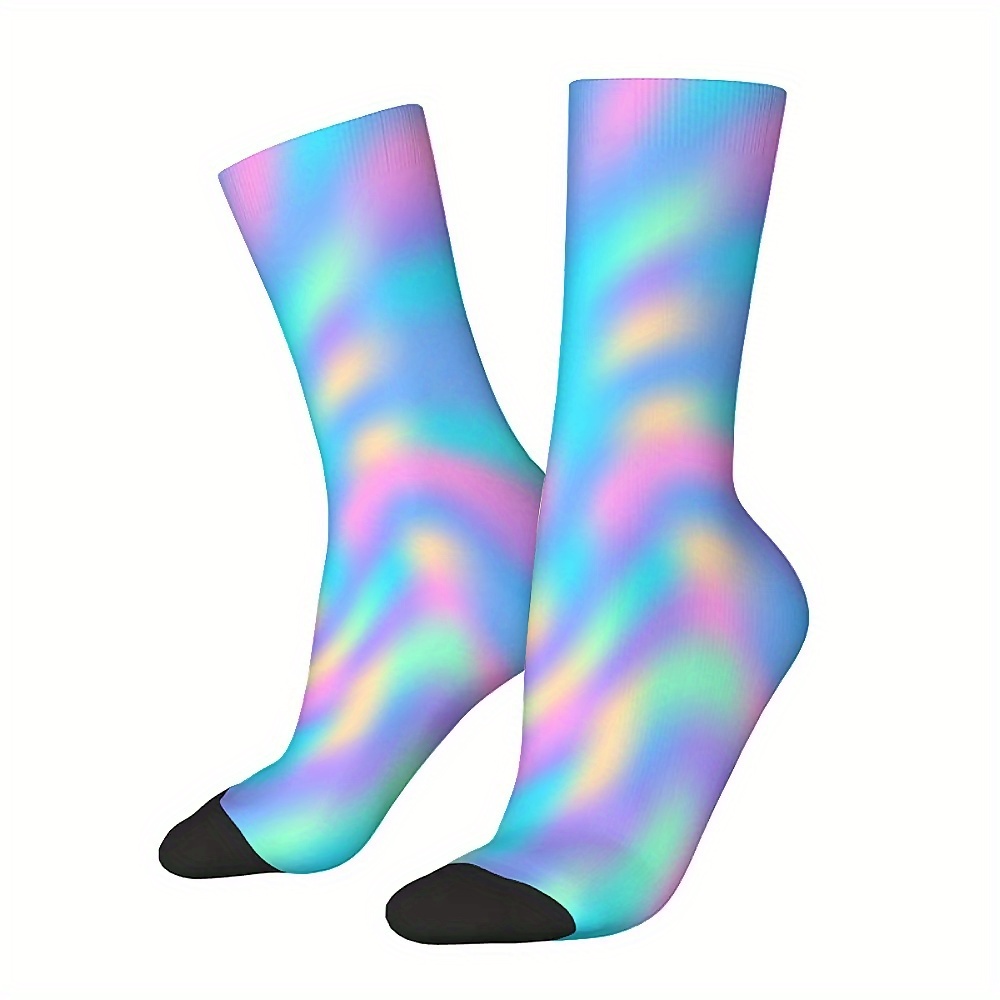 

1 Pair Iridescent Gradient Crew Socks - Seamless, Comfortable Polyester-spandex , Fun Novelty Print For , Ideal Gift For Boys, Cute Socks