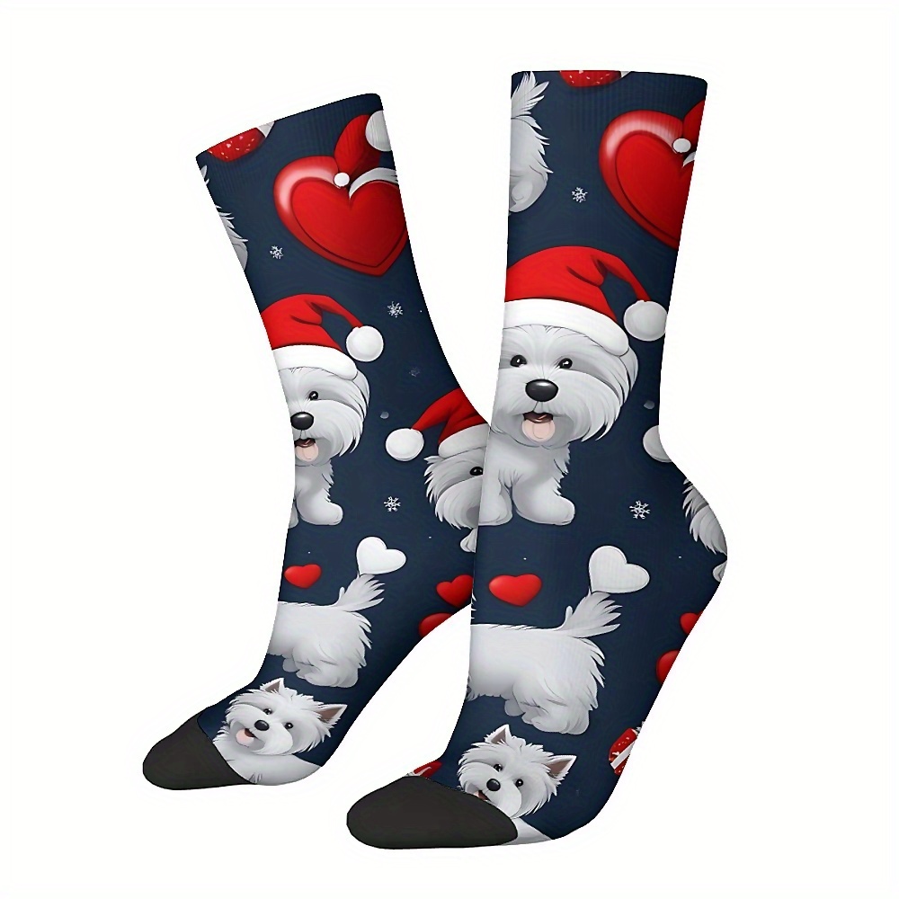 

1 Pair Christmas Puppy Pattern Unisex Harajuku Seamless Print Novelty Crew Socks, Knit Polyester Fabric With Stretch, Hand Wash Only, Polyester 95%, Spandex 5%, Festive Fun Gift For Boys