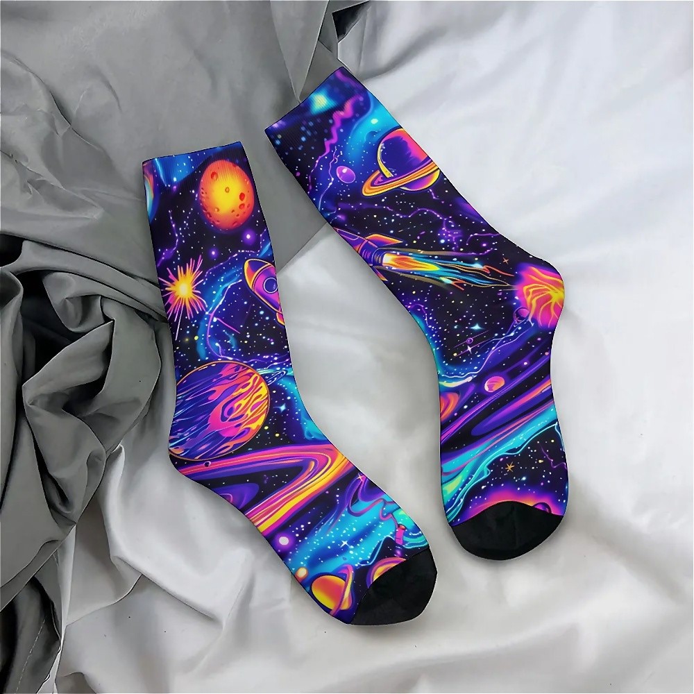 

Cosmic Planets Crew Hosiery, Unisex Harajuku Seamless Printed Novelty Space-themed Footwear, Polyester Knit Fabric With Spandex - Hand Wash Only, Gift For Boys - 1 Pair