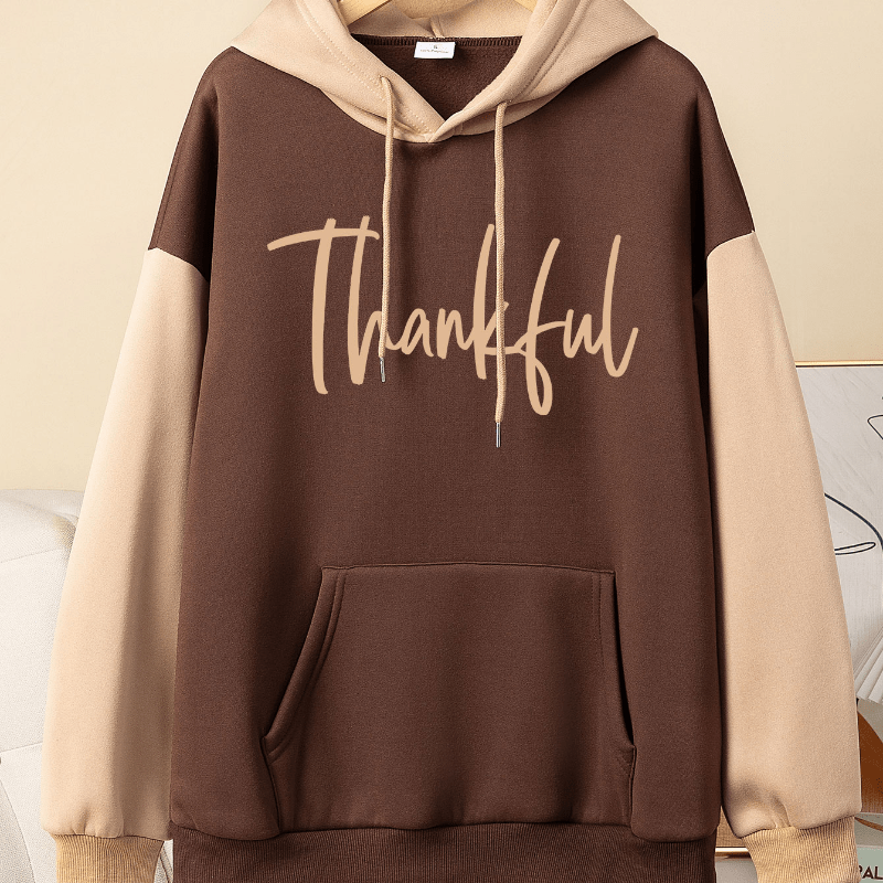 

Women's Thanksgiving Hoodie - Casual Brown And Drop Shoulder Sweatshirt With "" Print, Drawstring Hood, Machine Washable, Sweater Hoodie, Thanksgiving