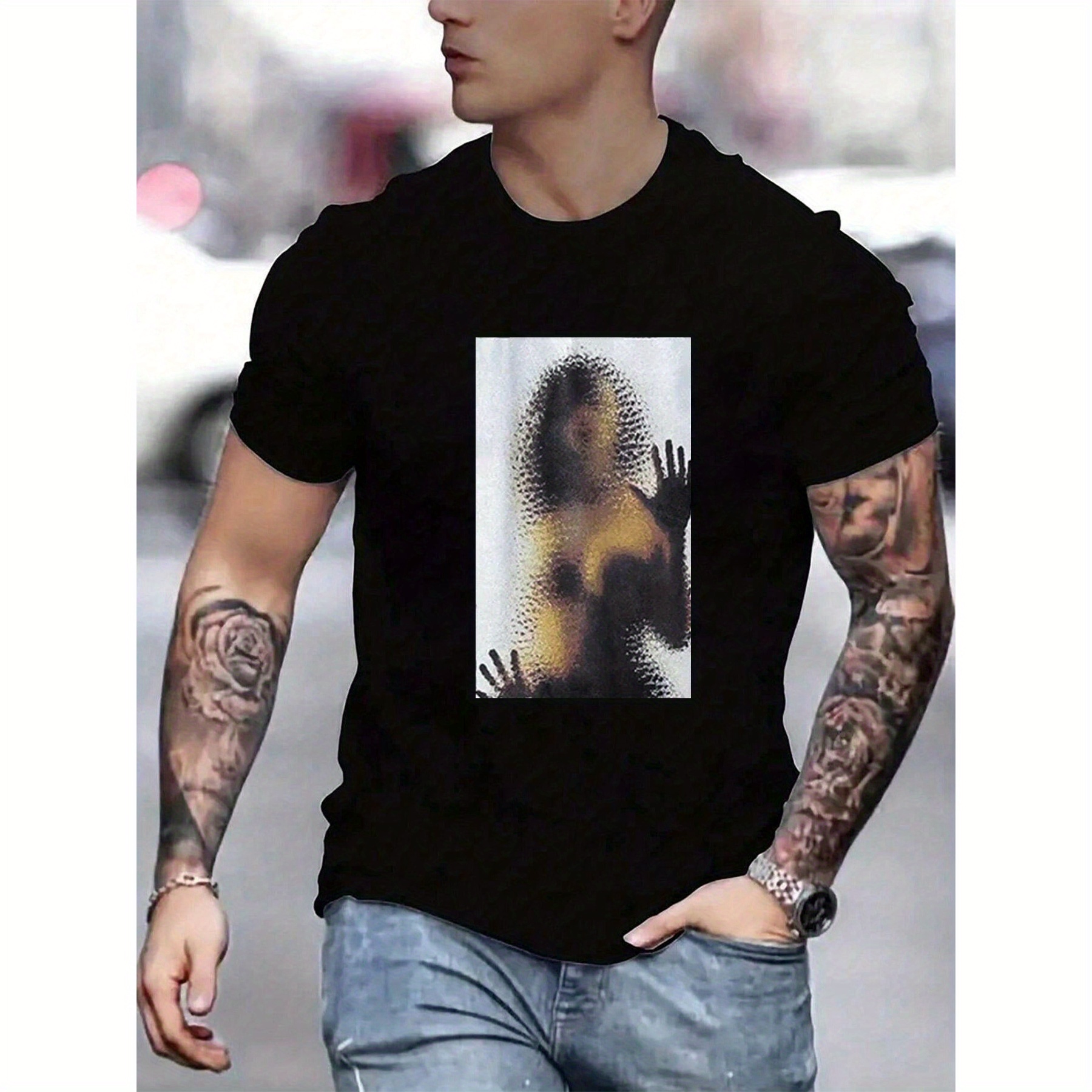 

Mosaic Woman In The Mirror Graphic Print Men's Short Sleeved T-shirt, Trendy Breathable Comfort Fit T-shirt, Suitable For Summer Daily Wear Or Outdoor Sports