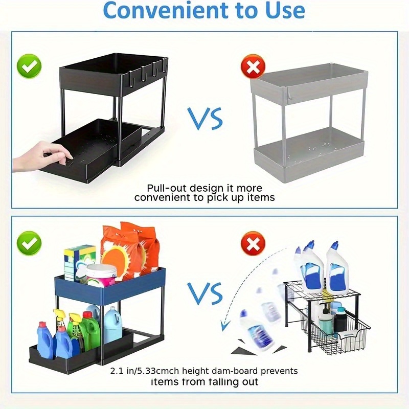 2 tier pull out organizer rack modern no wood material plastic storage shelf for kitchen bathroom living   saving non electric   carousel with hooks details 2