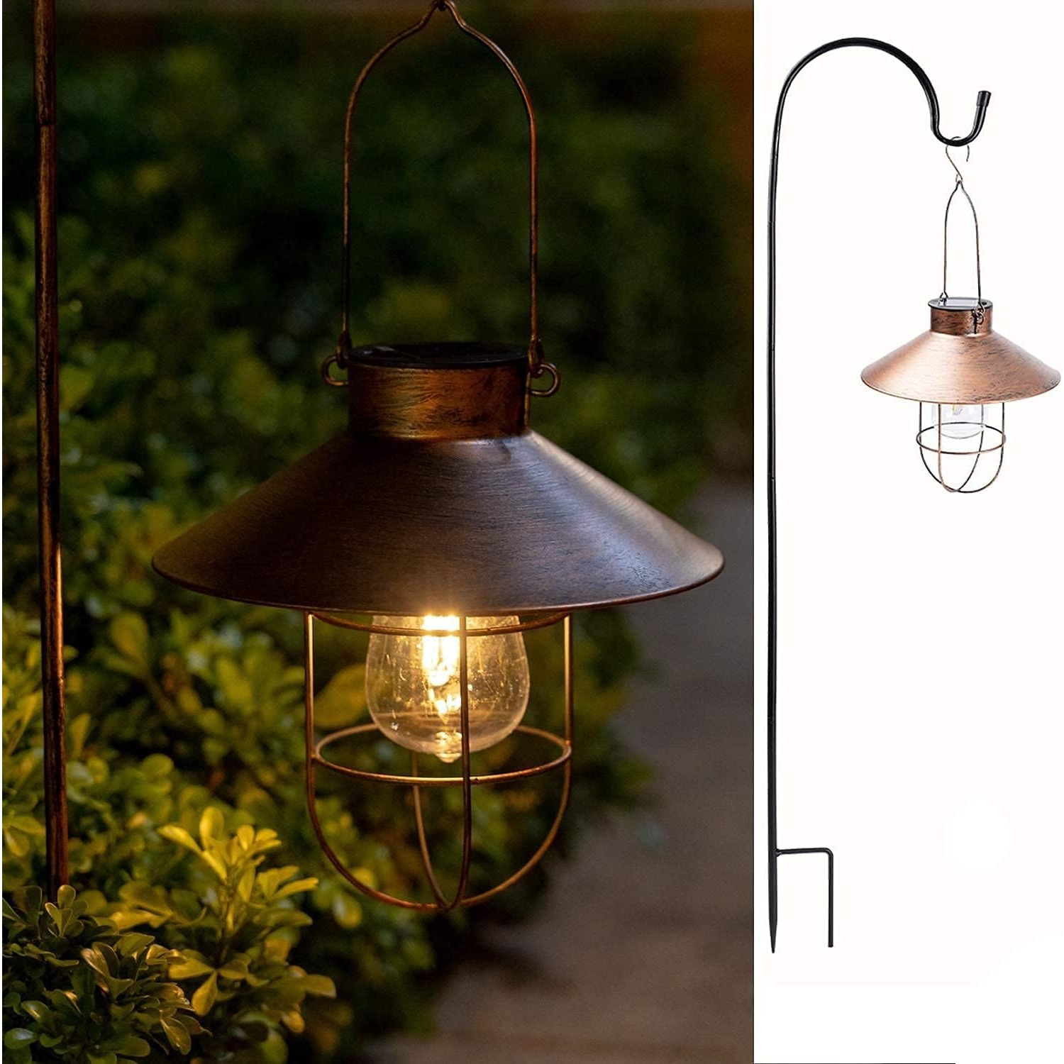 

1pack Hanging Solar Lights Lantern Lamp With Shepherd Hook, Metal Waterproof Bulb Lights For Garden Outdoor Pathway