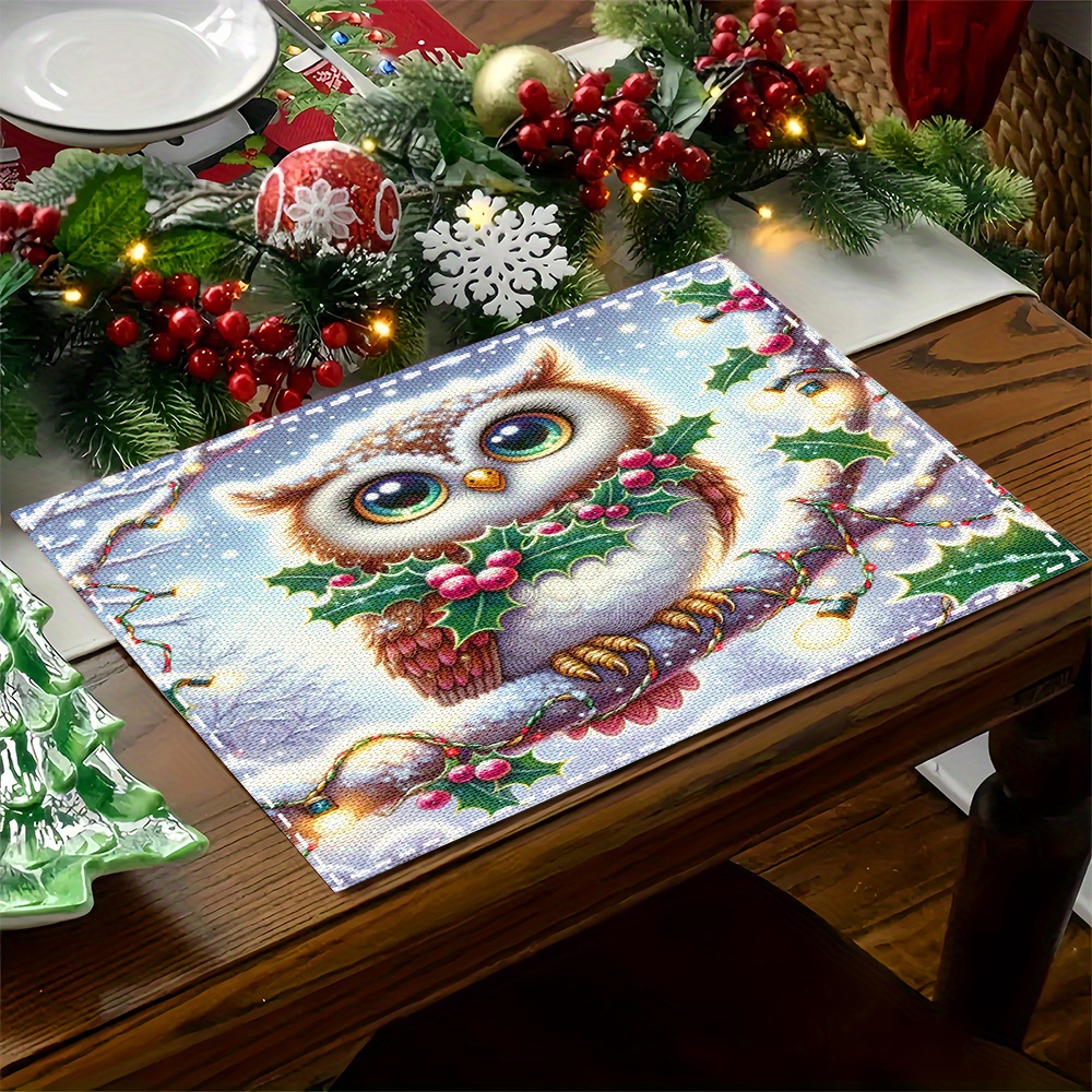 

Christmas Owl Print Linen Placemats Set Of 4 - Woven 100% Linen Rectangular Table Mats For Home Decor, Dining, Parties - Hand Washable 42cm X 32cm Holiday Table Decorations