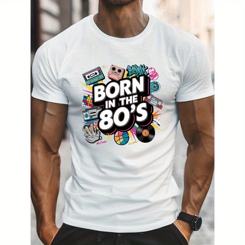 

Born In The 80s" Men's Casual T-shirt - Comfy, Lightweight Crew Neck Tee With Geometric Print For Summer