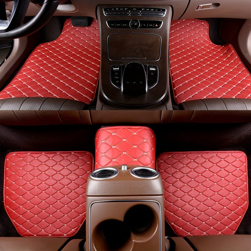 

Universal 5pcs Set Of Waterproof Fashionable Pu Leather Car Floor Mats - Checkered Pattern, , Interior Protection