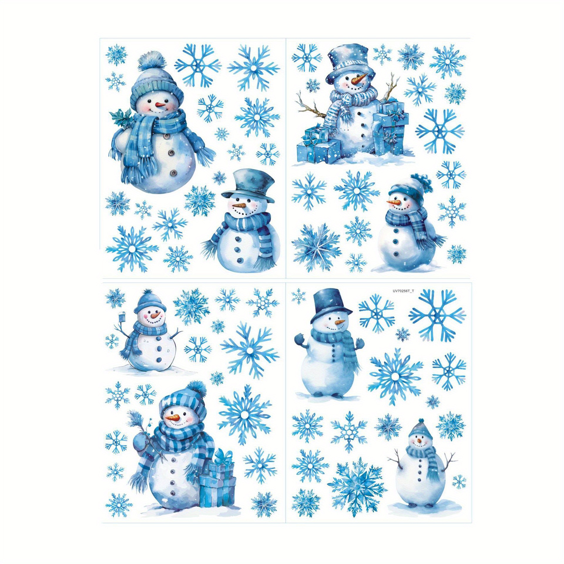 Of Christmas-themed Window Clings Featuring Snowmen, Designed For Glass Surfaces. Static Clings Are With Glitter Powder, Perfect For Winter Decoration
