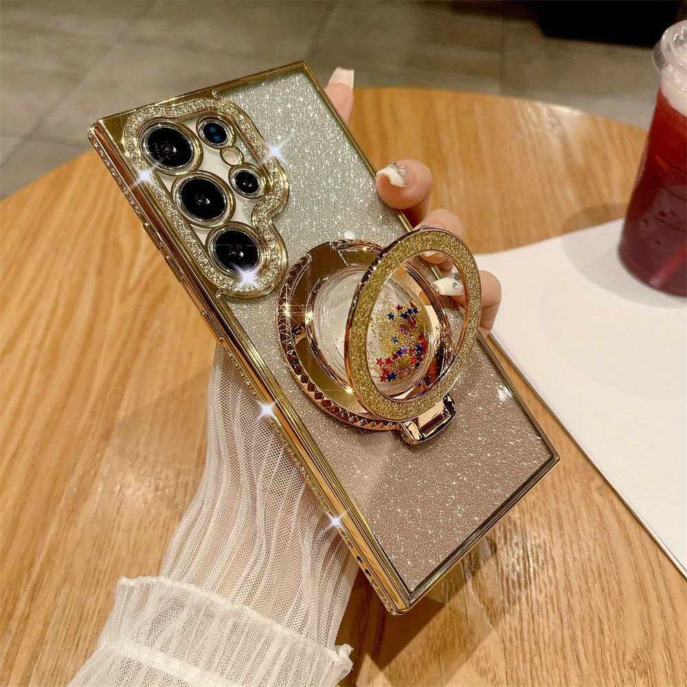TEMU Phone Case - Bling Rhinestone Quicksand Ring Bracket Case For Galaxy S24 S23 S22 Ultra Glitter Electroplate Cover