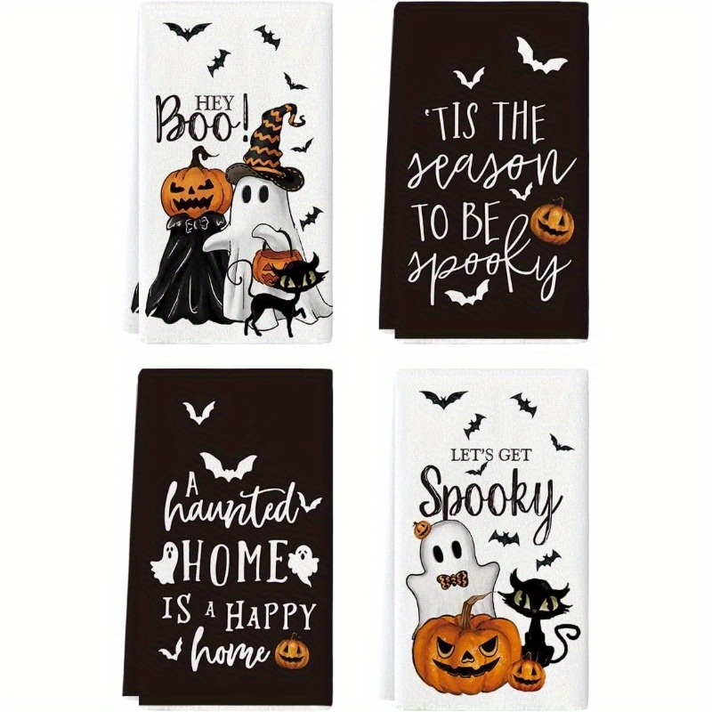 

4pcs Halloween Kitchen Towel Set - Polyester,, Pumpkin, Bat & Cat Designs, 18x26 Inch - Drying Hands & Decorating