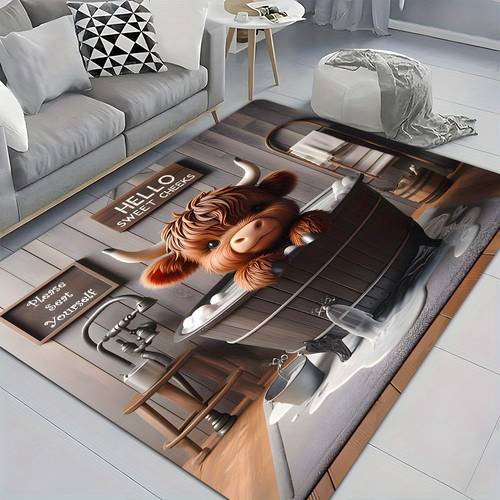 1pc cartoon highland cow bath mat soft thickened non slip area rug machine washable flannel sponge floor carpet for bathroom living room bedroom laundry room home and room decor