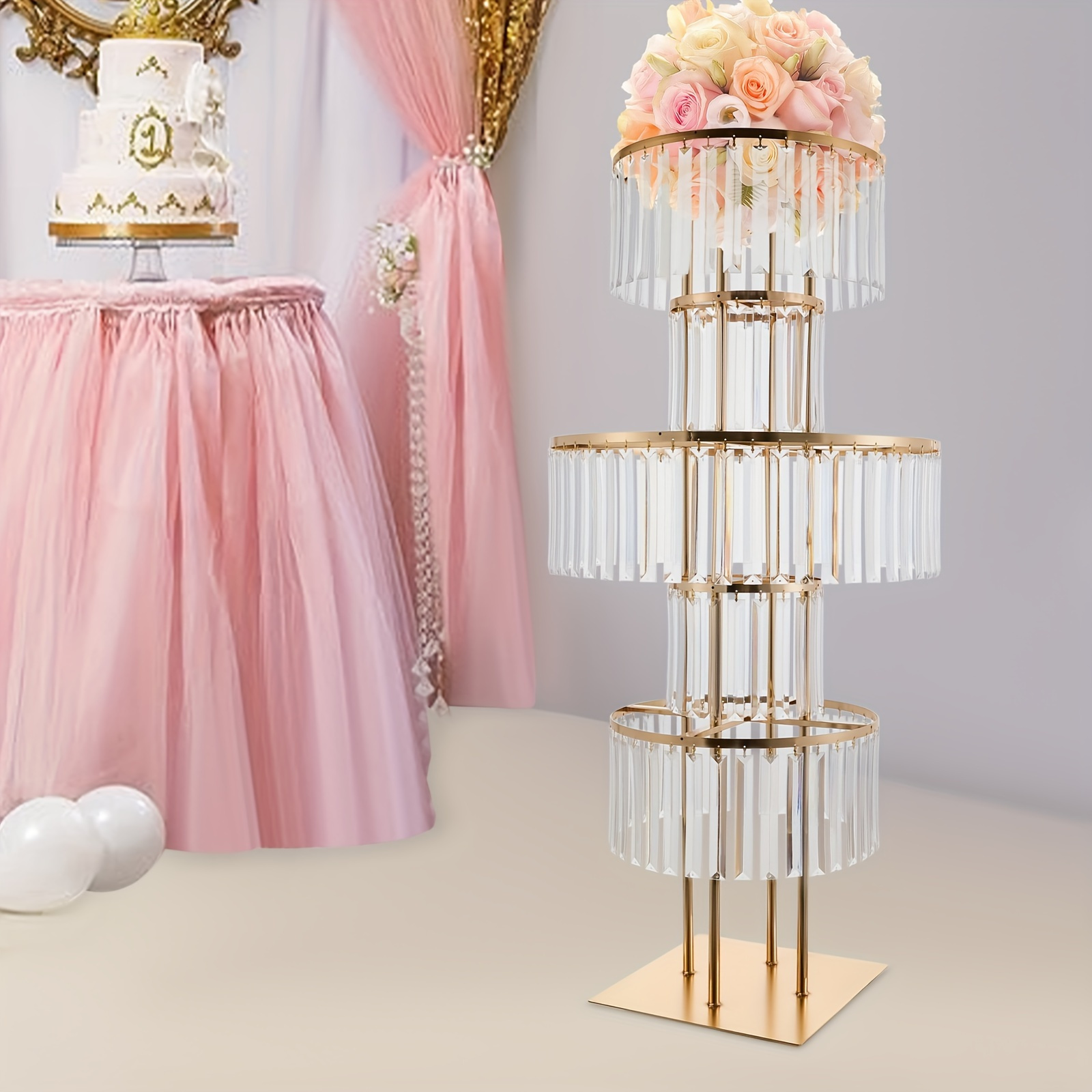 

5 Tier Round Chandelier Pedestal Stand Wedding Golden Vases Centerpieces Stand With Hanging Crystals For Wedding Road Lead T Stage Flower Arrangement Decoration