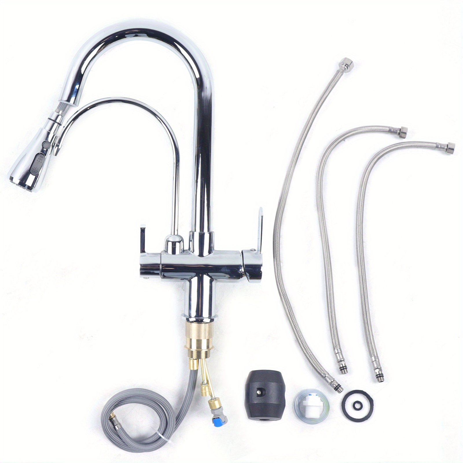 Image of High Arc Pull Down Kitchen Faucet With Drinking Water Tap, 3-way Mixer For Hot And Cold Water