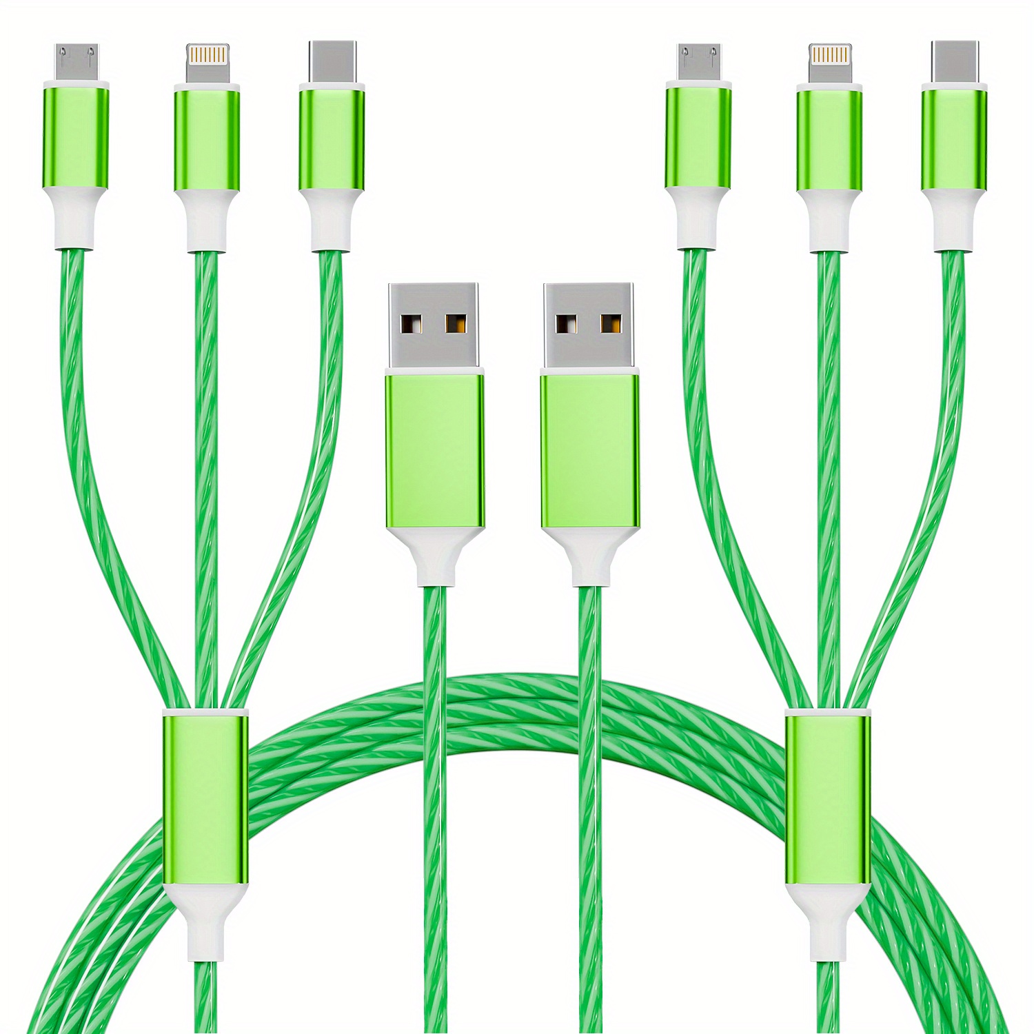 

Jogrytece 2pcs 1.2m/ 4ft Mfi Certified 3 In 1 Green Usb Charging Cable With Type-c, Micro Usb, Ip Port For Most Phones/ Iphones/ Tablets