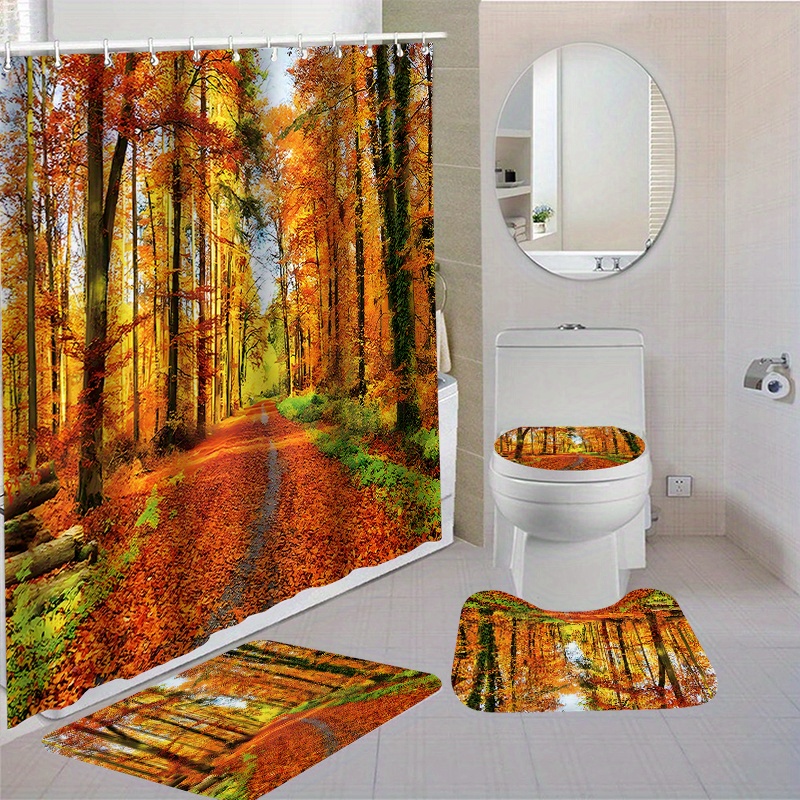 

1pc/4pcs Autumn Pumpkin Waterproof Bathroom Shower Curtain Set With 12 Hooks Toilet Seat Bath Mats And Rugs Non-slip Carpet Toilet Covers Polyester Fabric Washable Curtain Bathroom Accessories