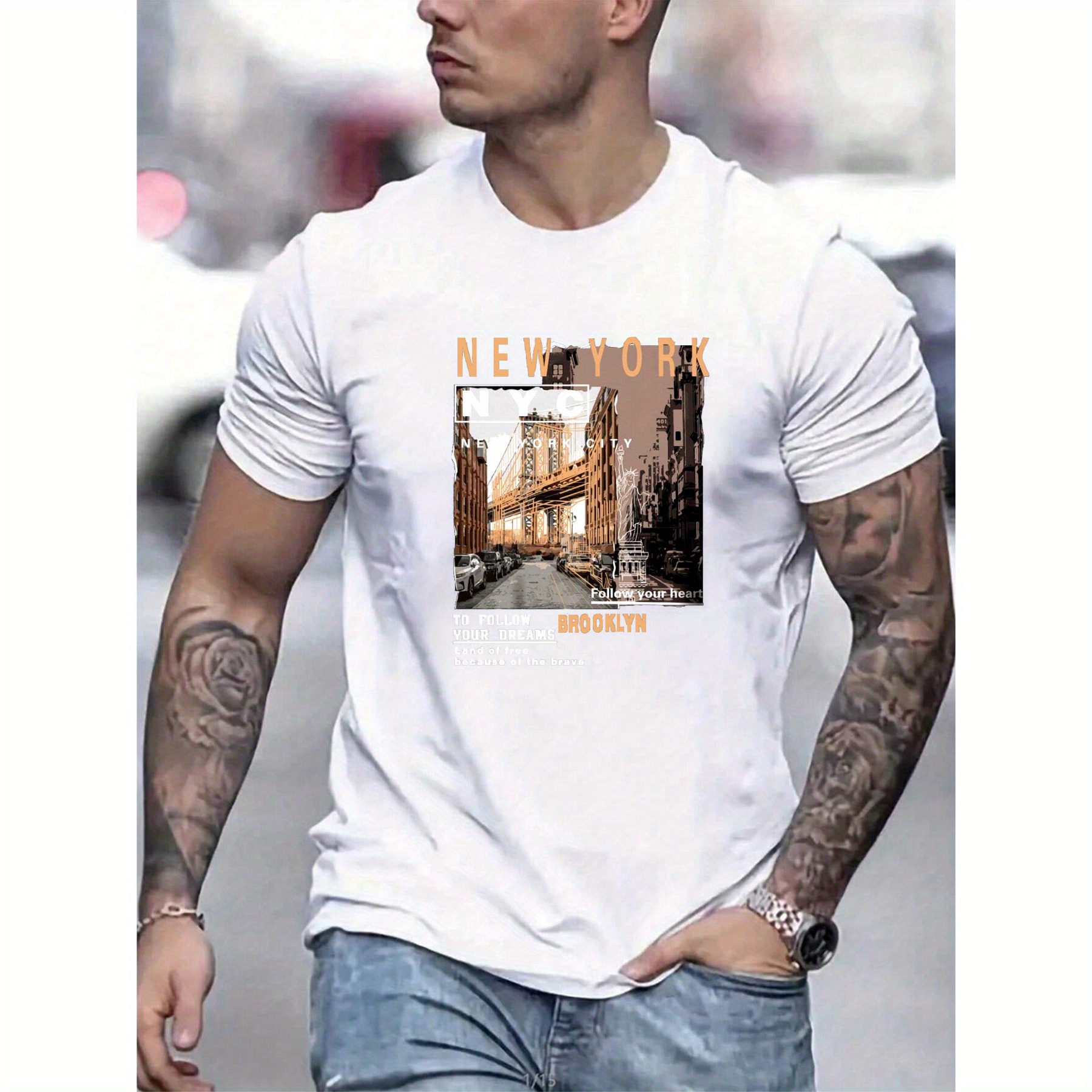 

New York Cityscape & Letter Print Men's Casual Tee - Breathable Polyester, Short Sleeve, Crew Neck T-shirt For Summer