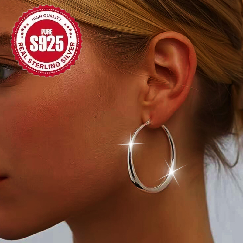 

S925 Sterling Silvery Hoop Earrings Women's Large Silvery Hoop Earrings Hypoallergenic Lightweight Large Silvery Hoop Earrings Women Girls 35/ 40/ 50/ 60/