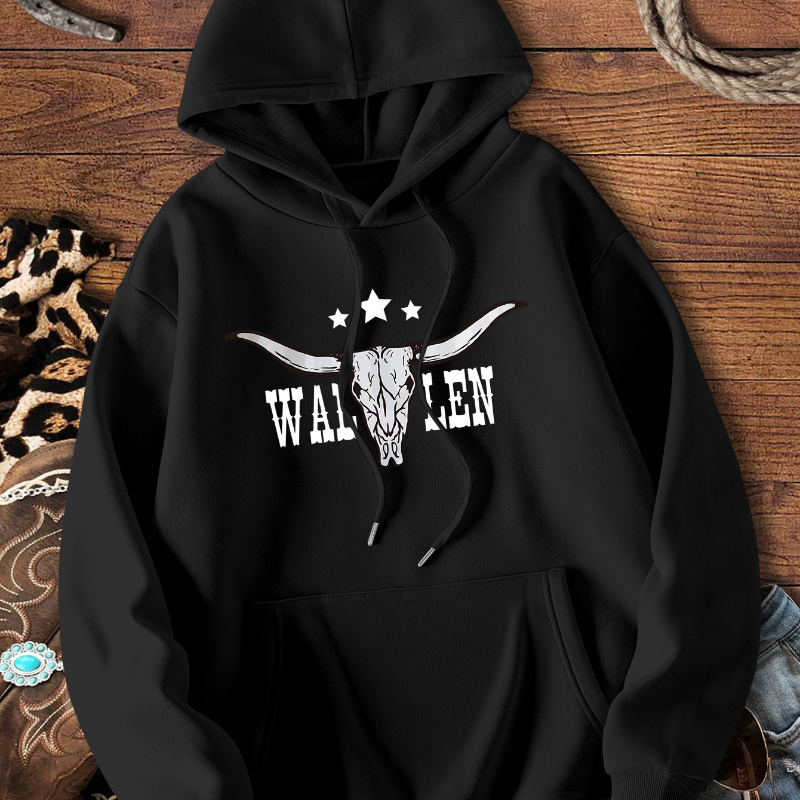 

Women's Casual Western Cowboy-inspired Hoodie With Print, Kangaroo Pocket - Cozy Polyester Knit For Fall/winter