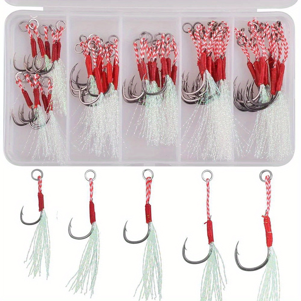 

50pcs Iron Assist Hooks Set For Slow Jigging, Barbed Fishhooks With Teaser Feather, Saltwater Metal Jig Fishing Hook Kit