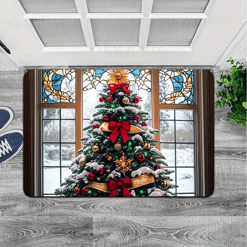 

Christmas Tree Window Design Doormat | Polyester, Machine Washable, Non-slip Pvc Backing | Decorative Indoor Welcome Mat For Entrance, Kitchen, Bathroom, Gaming Room, Living Room, Bedroom - 8mm Thick