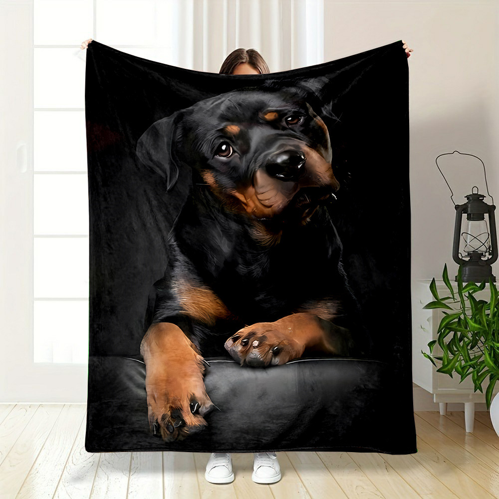 

Contemporary Digital Print Flannel Throw Blanket – Polyester, Reversible, All-season – Non-woven Cartoon Rottweiler Dog Pattern, Soft, No Pilling, High-quality Weave (200-250g/m²)