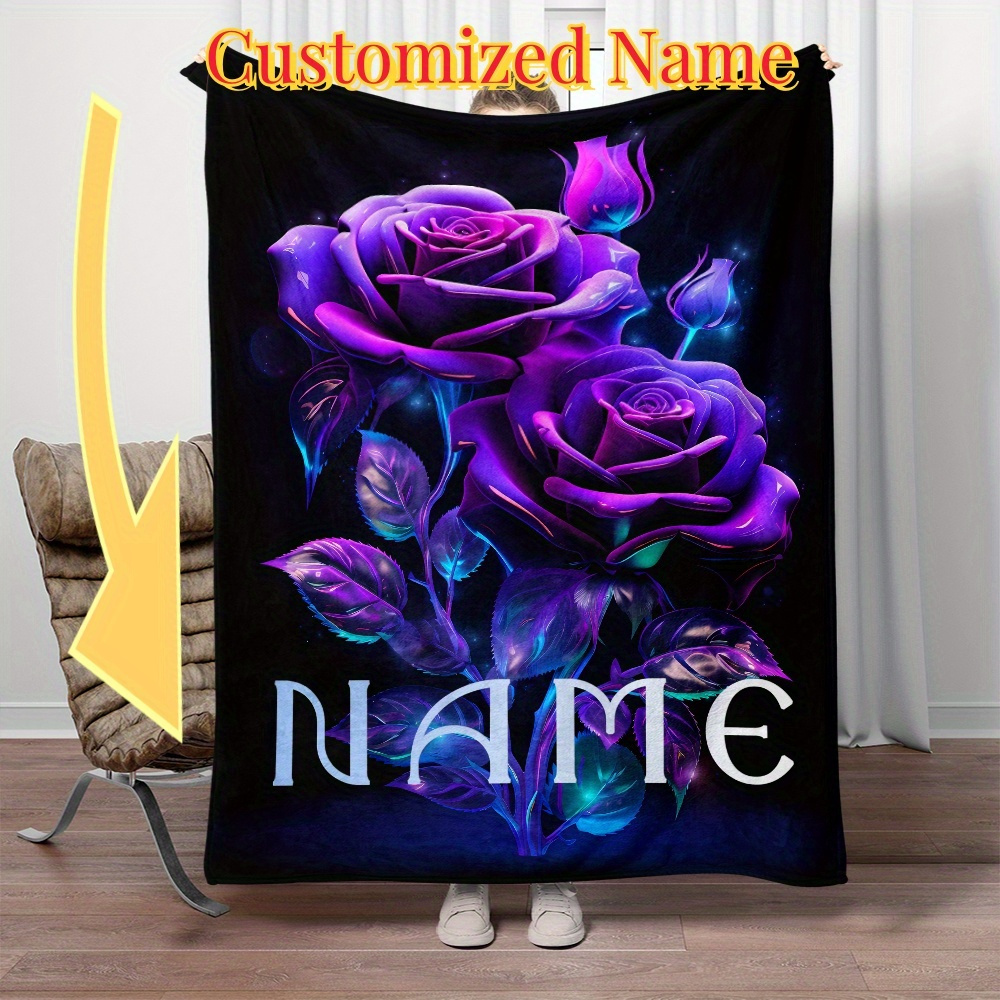 

Customized 3d Purple Rose Portable Blanket - Lightweight Flannel For Home, Office, Travel, And Camping - Personalized With Name - Polyester Fabric