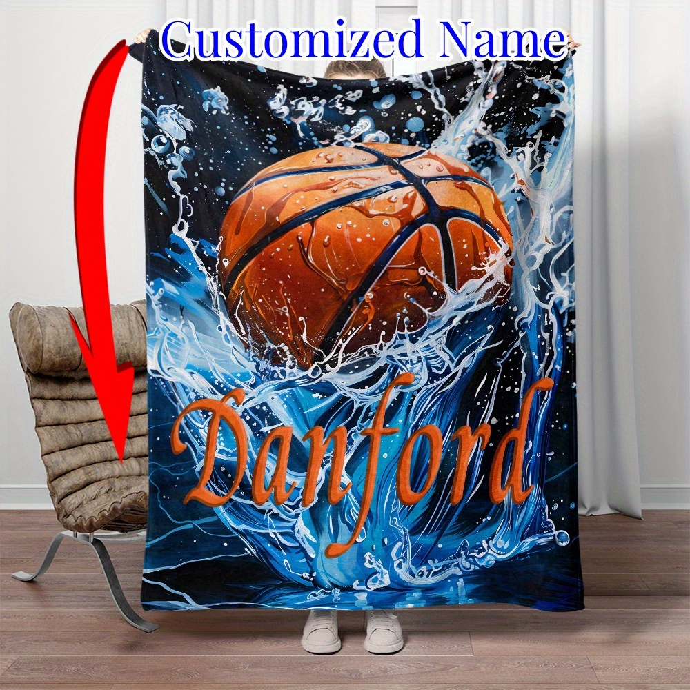 

1pc Sports Basketball Artistic Printing Customized Name Portable Blanket - Lightweight Flannel Blanket For Sofa, Bed, Travel, Camping, Living Room, Office, Sofa, Chair, And Bed - Flannel Fabric