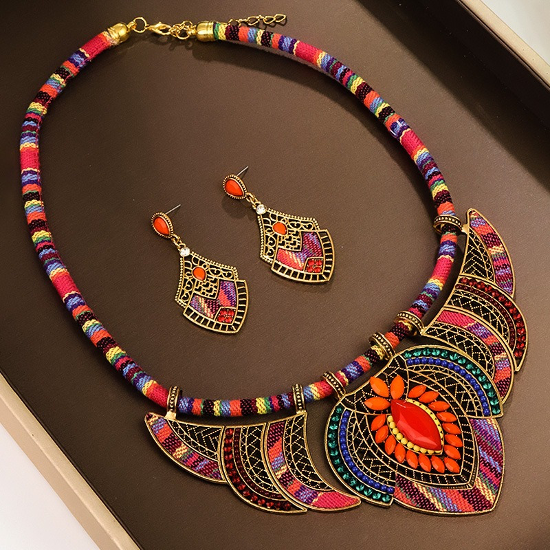 

Boho-chic 3pcs Jewelry Set For Women - Vintage Tribal Inspired Necklace & Earrings With Braided Rope, Zinc Alloy & Resin Accents