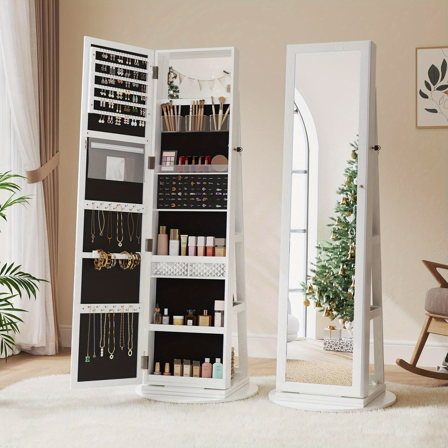 TEMU 3-in-1 Lockable 360° Rotating Jewelry Storage Cabinet With Full-length Mirror - Hypoallergenic Floor Mirror Organizer, Adjustable Angle Mirror,