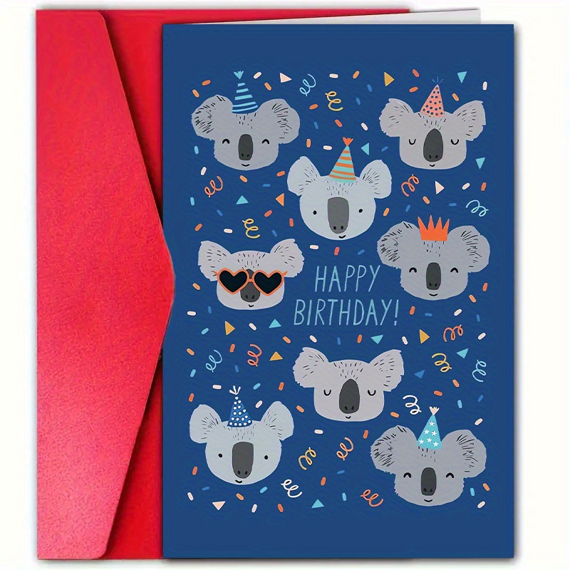 

1pc Koala Birthday Greeting Card With Red Envelope, High-quality Paper, Unisex, Perfect For Friends, Family, And Loved Ones, Fun Party Hat Design, Sweet Birthday Wishes For All Ages