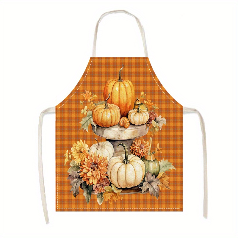 

Thanksgiving Pumpkin And Autumn Flower Print Apron - 100% Linen Woven Sleeveless Apron For Kitchen Cooking, Baking, Gardening, And Cleaning - Oil-resistant Home Workwear