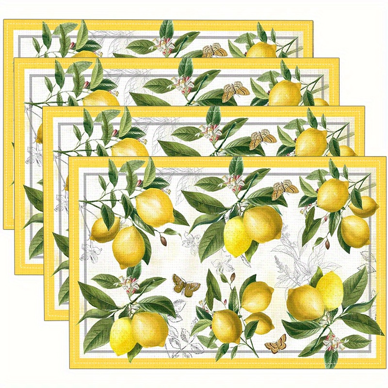 TEMU Juego de 2/4 manteles individuales con estampado de mariposas y limones, resistentes al y fáciles de limpiar, accesorios de mesa de comedor para